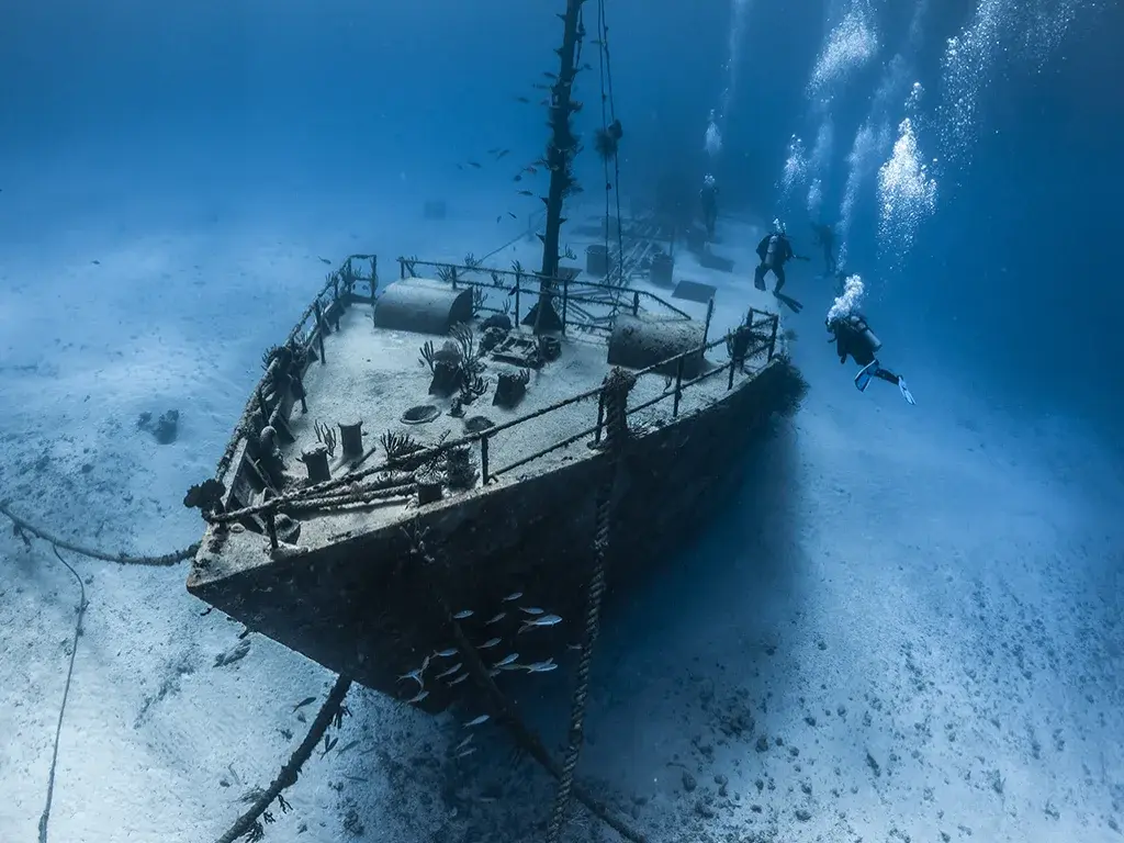 Scuba divers explore a sunken ship on a sandy seabed.