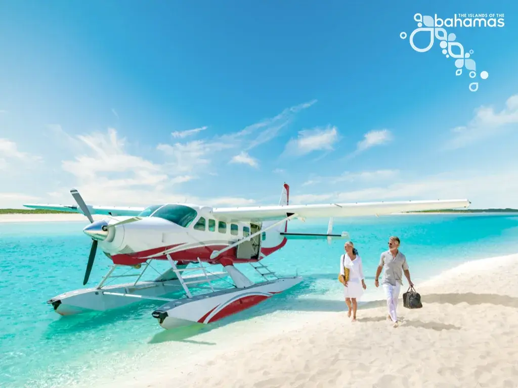 A couple walks from a seaplane parked on a white beach beside clear turquoise water.