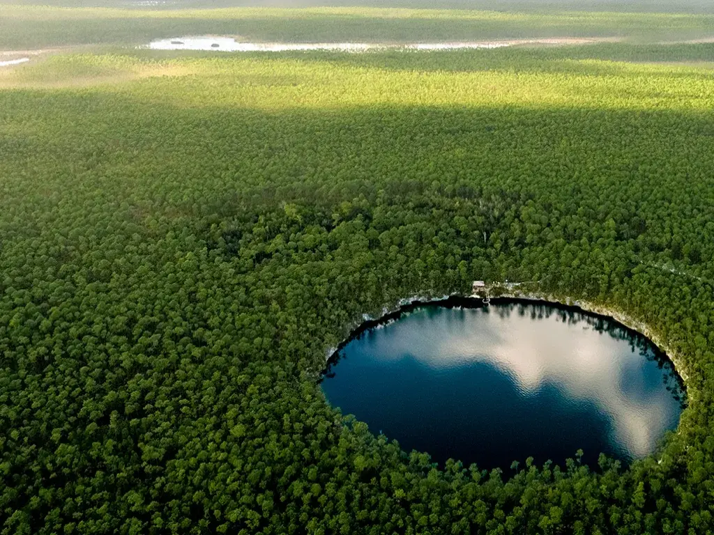 An aerial view of a round blue hole surrounded by dense forest.