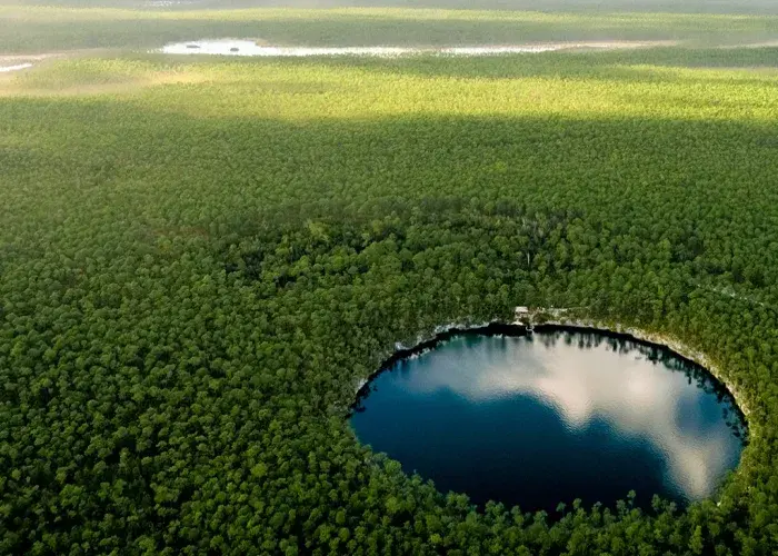 An inland blue hole in the forest, seen from above