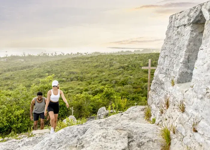 Walkers on the path up Mount Alvernia, Cat Island