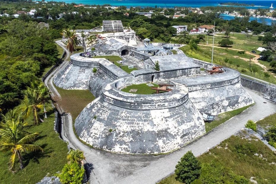 Aerial view of Fort Charlotte's pale stone walls.